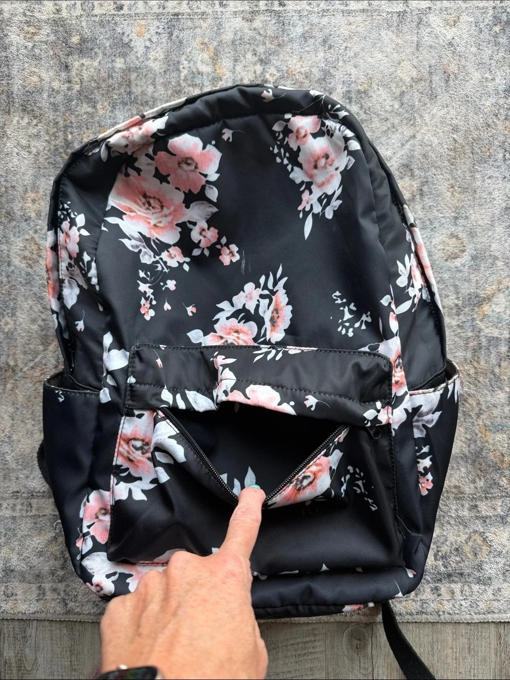 Floral Print Black Backpack with Pink Accent